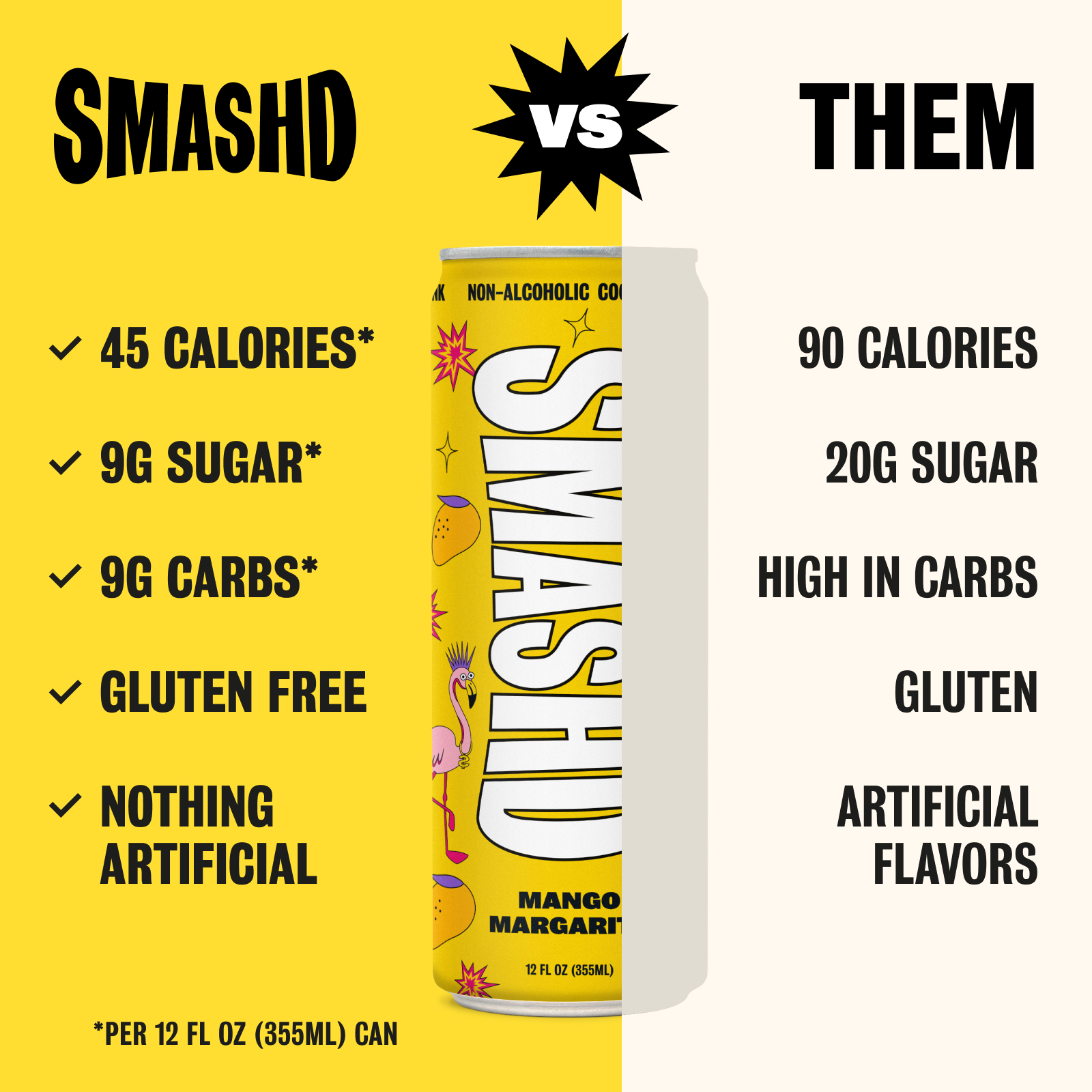 SMASHD Alcohol-Free Mocktails, Non-Alcoholic Beverage Flavored Sparkling Water, Tequila alternative No Artificial Flavors, Caffeine-Free, with electrolytes, 12 Oz&nbsp; (Mango Margarita, 12 Pack)