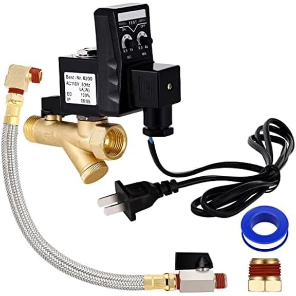 Air Compressor Electronic Drain Valve and Tank Drain Integrated Valve Assembly Kit with Braided Steel Hose 1/4 Inch Npt Elbow Fitting and Ac 110v 1/2" Automatic Timed Water Tank