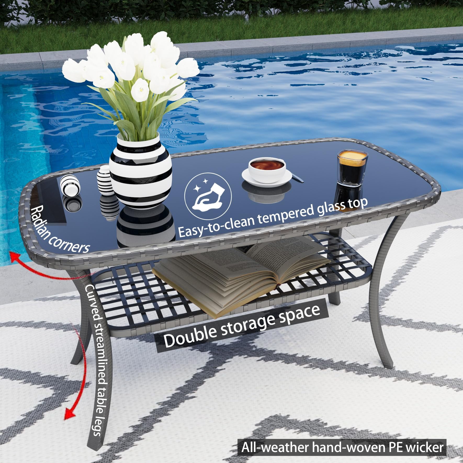 4-Piece Rattan Patio Furniture Set, Outdoor Table & Chairs Set with Cushions, Balcony Porch Garden Backyard Lawn Patio Conversation Set, Acacia Wood Table Top