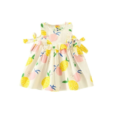 

ELF Baby Girls Loose A-line Dress Summer Casual Lemon Print Fly Sleeve Princess Dress for Toddler Beach Party Wear