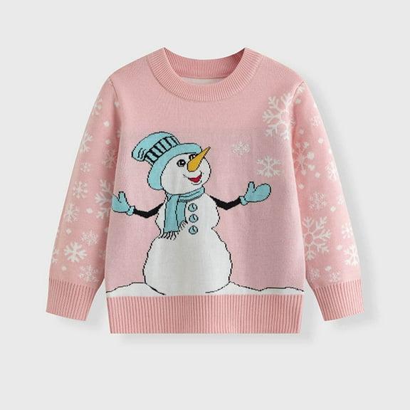 Delliss Fall Clothing For Girl Pullover Sweater Children's Christmas Cartoon Print Knit Sweater Pink 7 Years