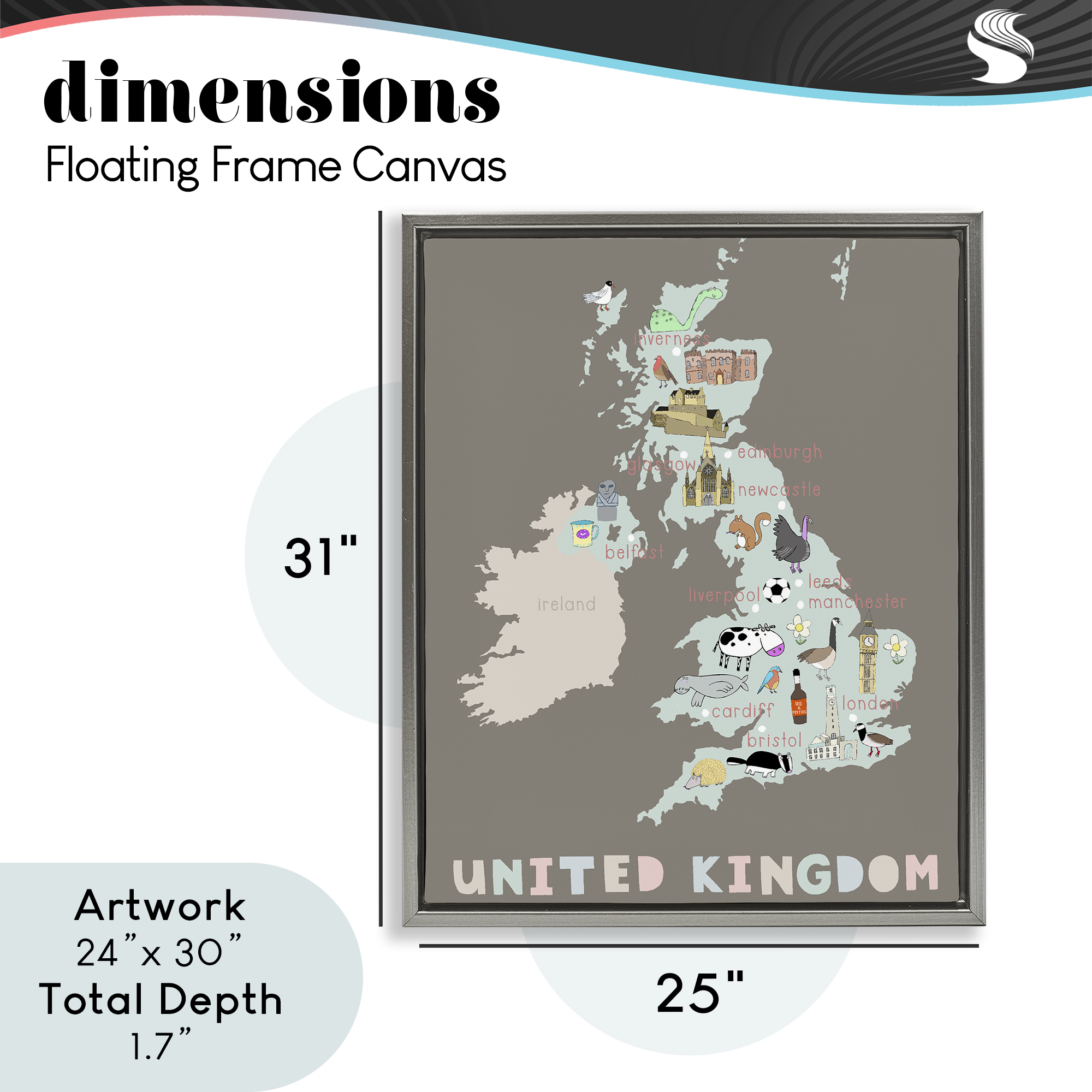 Kid's Map of United Kingdom Gray Framed Floater Canvas Wall Art, design by Carla Daly