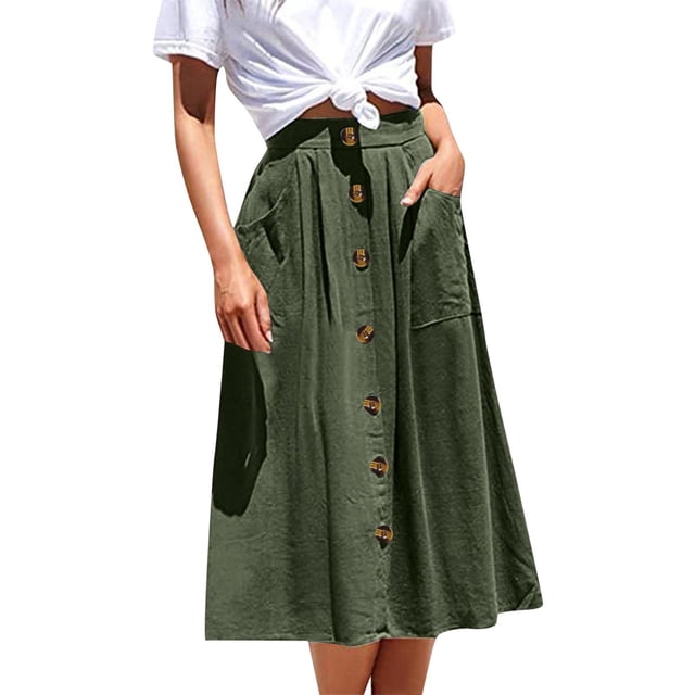 Falda midi evasé con bolsillos y botones de cintura alta para mujer - Estilo informal de color liso - Tejido de poliéster - Tallas S-XL
