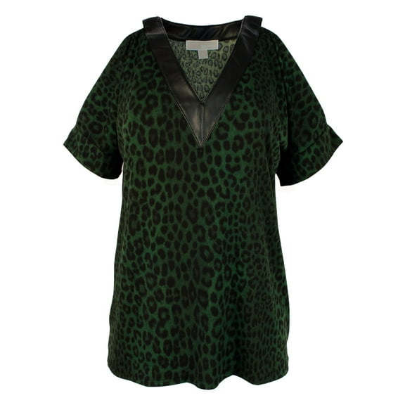 Women's Cheetah Print Faux Leather Trim Cold Shoulder Shirt-M-M
