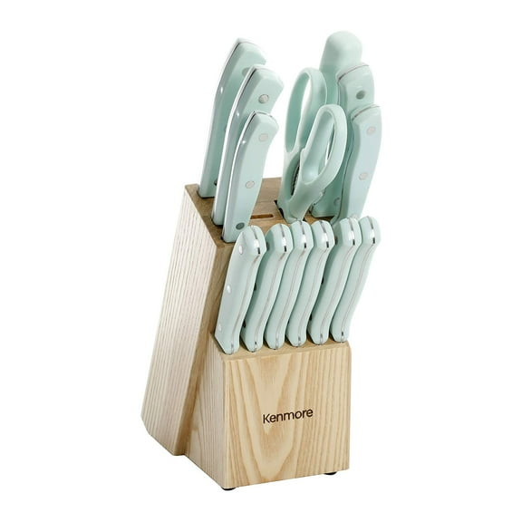 Kenmore Kane 14 Piece Stainless Steel Chef Cutlery Set Black Block, Glacier Blue