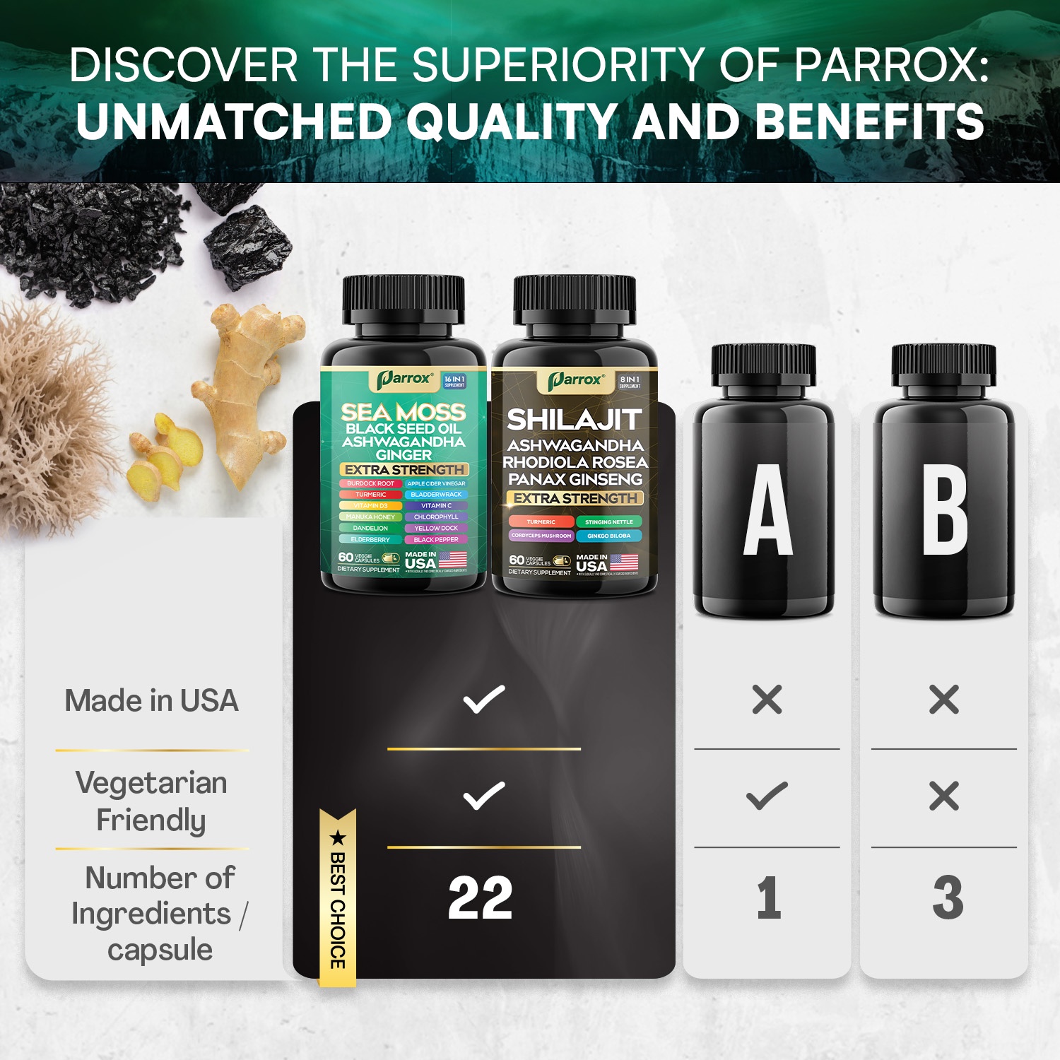 Dynamic Vitality Bundle, Sea Moss, Black Seed Oil, Ashwagandha, Ginger, Turmeric, Dandelion, Shilajit, Panax Ginseng, Rhodiola Rosea, Cordyceps Mushroom, All-in-One Supplements Duo (3 Pack)