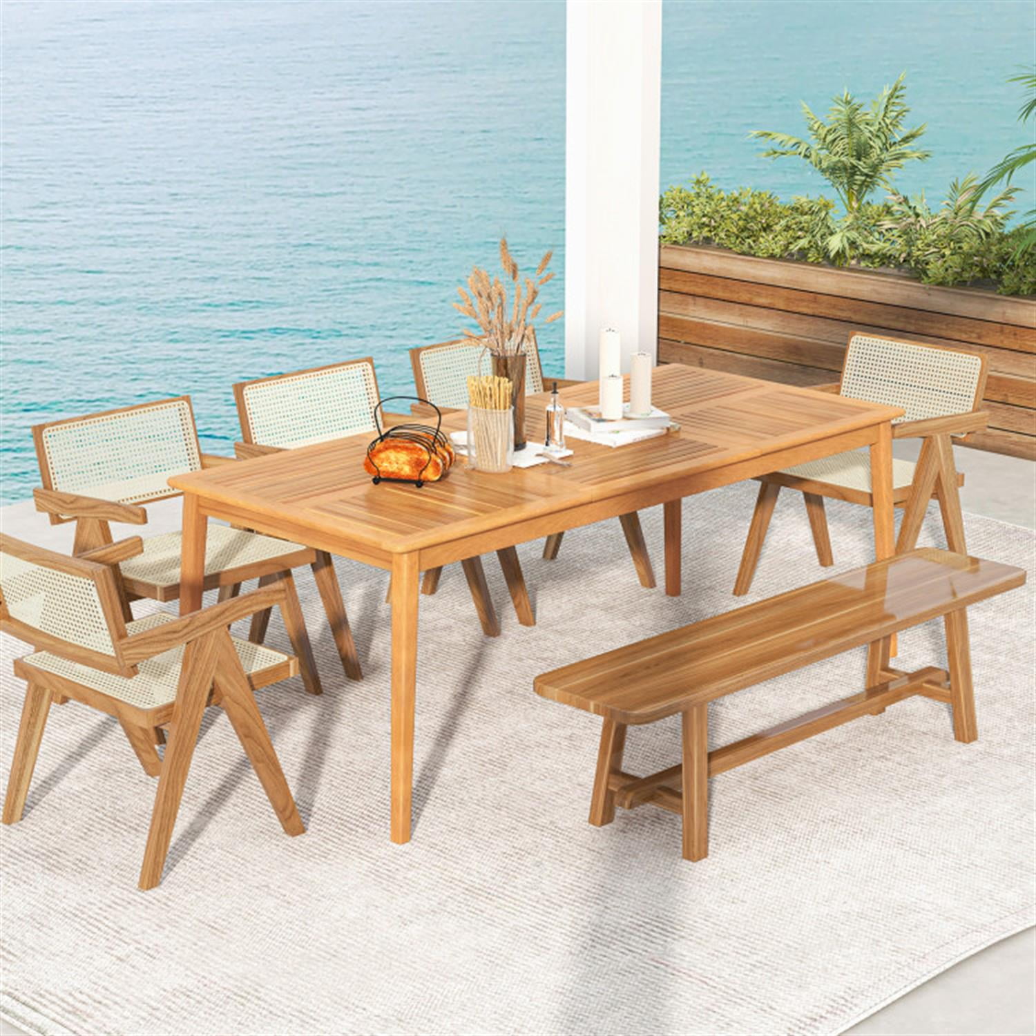 Demi Bonn 8-Person Patio Outdoor Dining Table, 79" Acacia Wood Rectangular Bistro Table, Beige