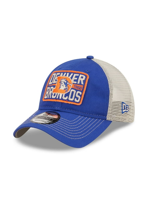 Men's New Era Royal/Natural Denver Broncos Historic Logo Devoted Trucker 9TWENTY Snapback Hat - OSFA