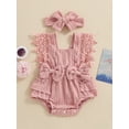 thumbnail image 4 of Hirigin Infant Baby Girl Summer Romper 3 6 12 18 Months Lace Sleeve Pleated Bow Jumpsuit Bodysuit with Headband, 4 of 8