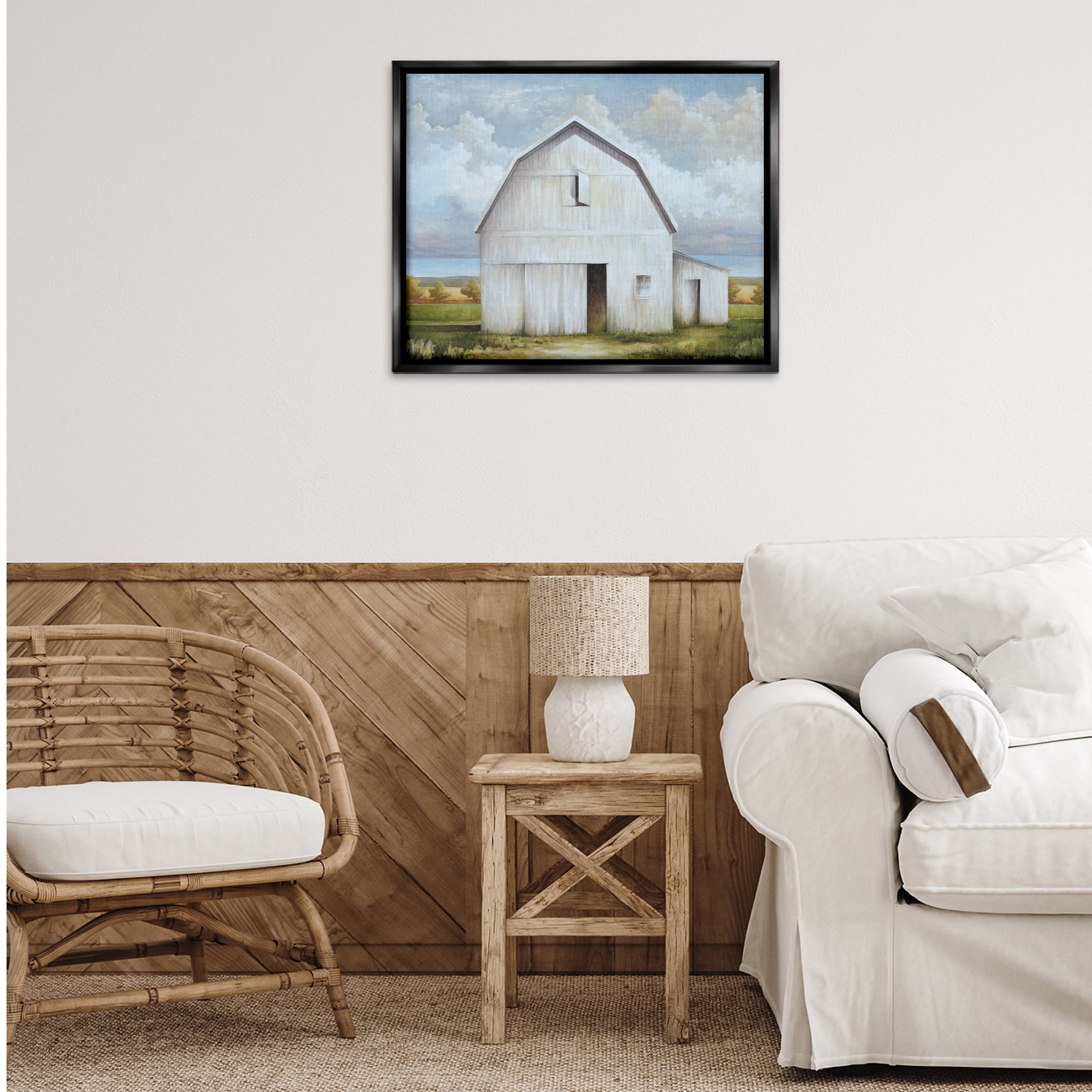Stupell Industries White Barn with Clouds Landscape Painting Black Floater Framed Canvas Art Print Wall Art, 31 x 25