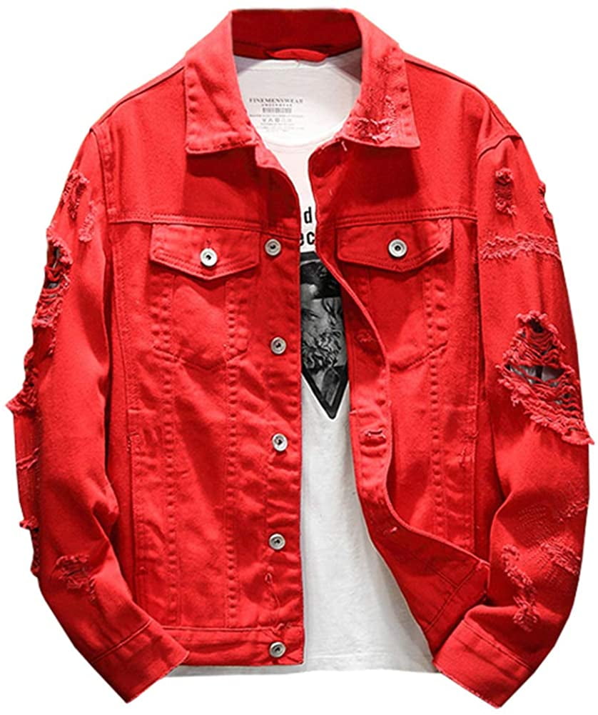 Distressed Denim Jacket Men's Button 
