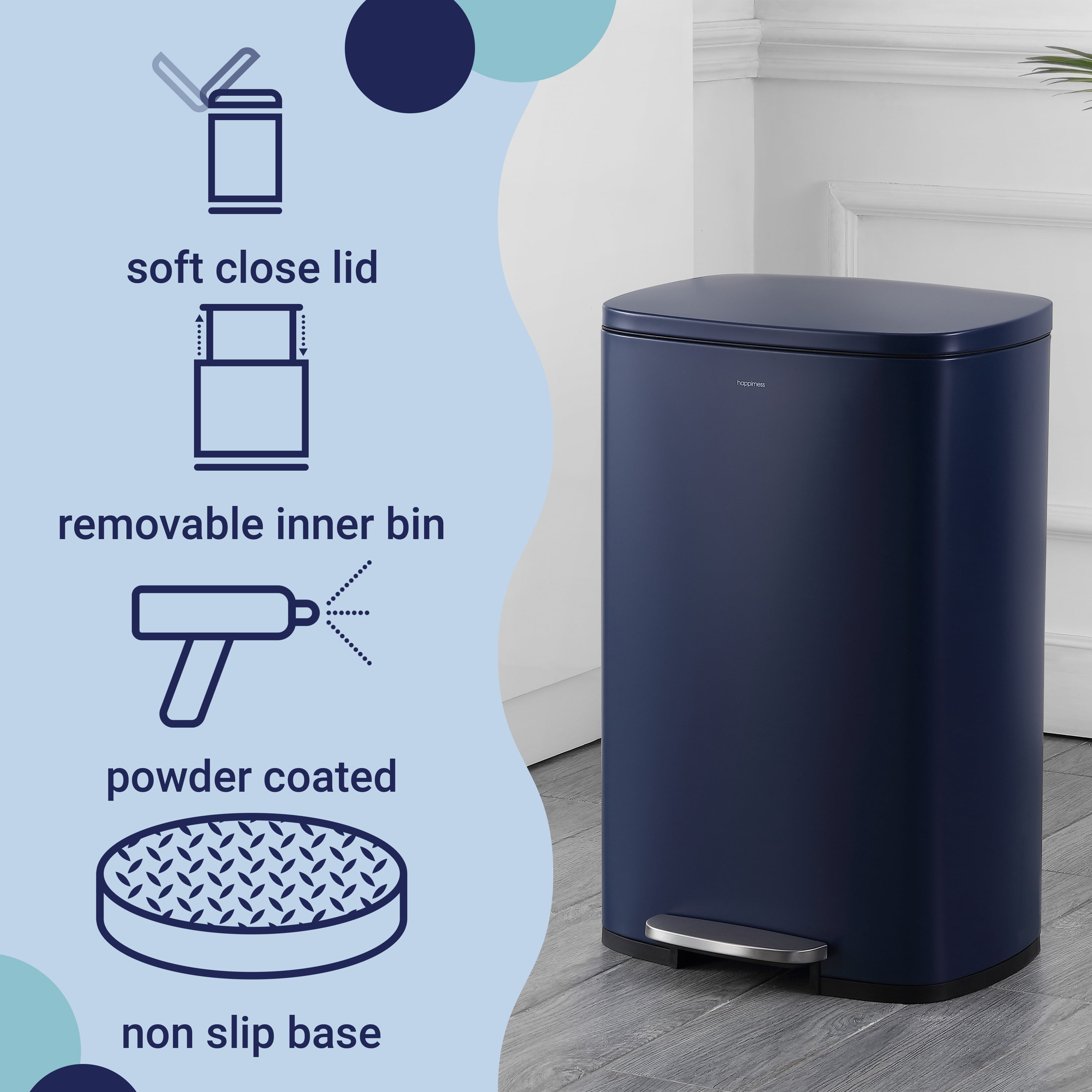 happimess Connor Rectangular 13.2-Gallon Trash Can with Soft-Close Lid and FREE Mini Trash Can, Denim Blue, HPM1006J