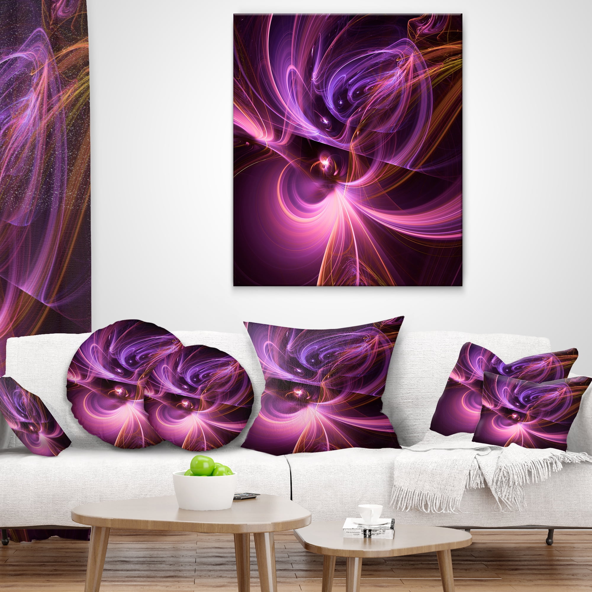 Designart Purple Fractal Light Art in Dark - Abstract Throw Pillow - 18x18