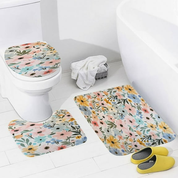 Floral Colorful Flower Bathroom Mats Set 3-piece Bath Mats , Floor Rug Decorations for Kitchen Bathroom Bedroom
