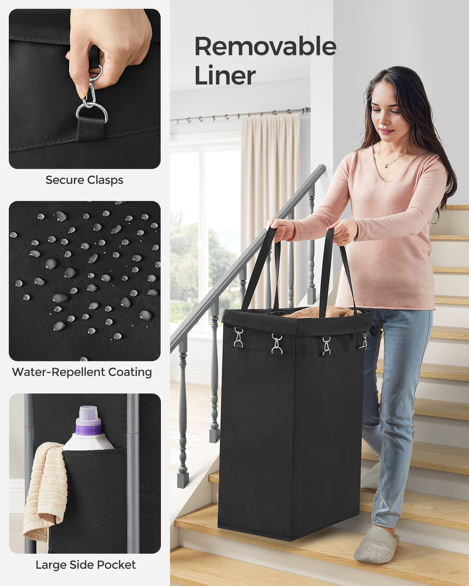 90L Laundry Sorter Laundry Basket with Wheels Rolling Laundry Hamper with Removable Liner Ink Black