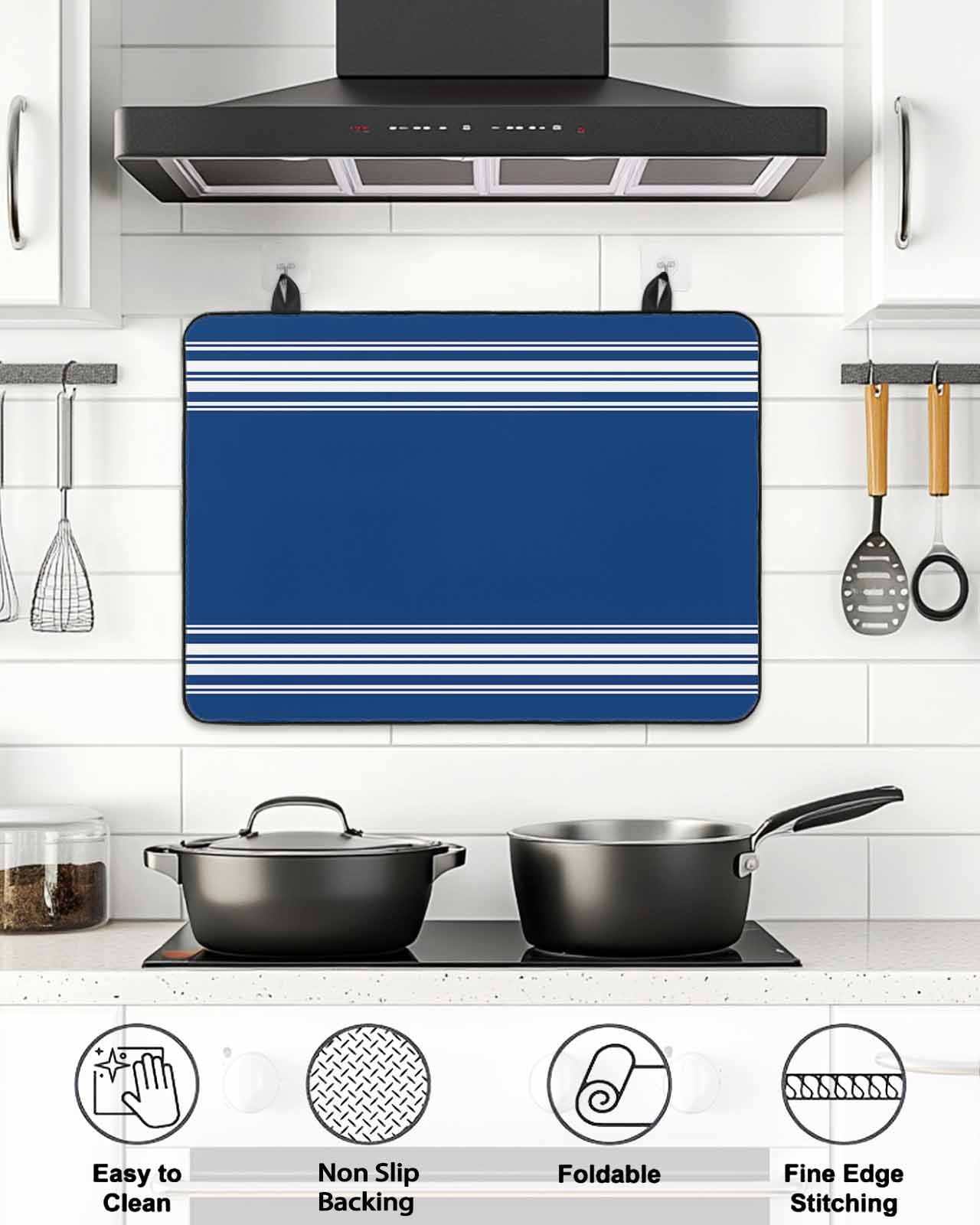 Stove Top Covers for Electric Stove, Blue Striped Glass Stovetop Cover Protector, Farmhouse Blue White Stripes Induction Cooktop Protector Oven Mat for Kitchen Countertop 24"x21"