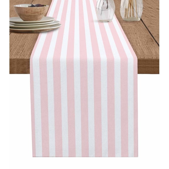 Table Runner 60 Inches Long for Kitchen Dining, Pink Striped Dresser Scarf Farmhouse, Dining Table Decorations for Wedding/Parties, Modern Farmhouse Pink White Stripes 13 x 60 In