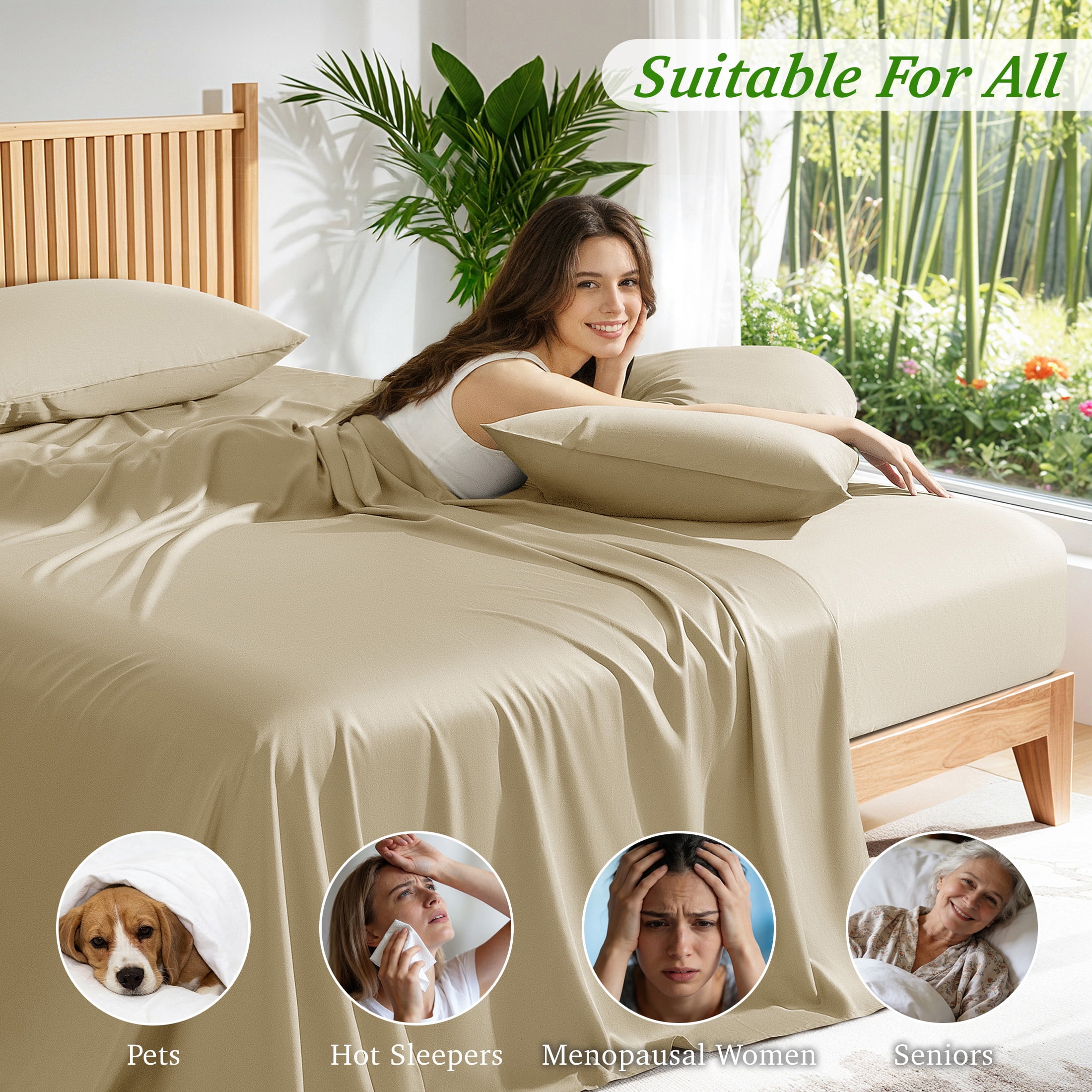 AiAngu Bamboo Full Sheet Set, Luxury Soft 4 Pieces Bed Sheets with 18" Deep Pocket, Begie