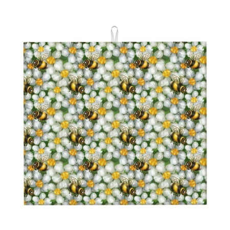 

Xecao Bees and Flower Print Dish Drying Mat for Kitchen Counter Absorbent Coffee Bar Mat Dish Drainer Rack Mats Dining Room Decoration