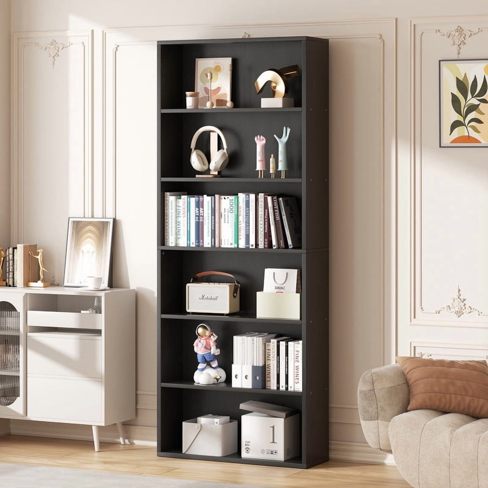 Walsunny 6 Tier Bookshelf Standard Wooden Bookcase Display Shelf with Storage Anti-tipping Device for Home Office Living Room White