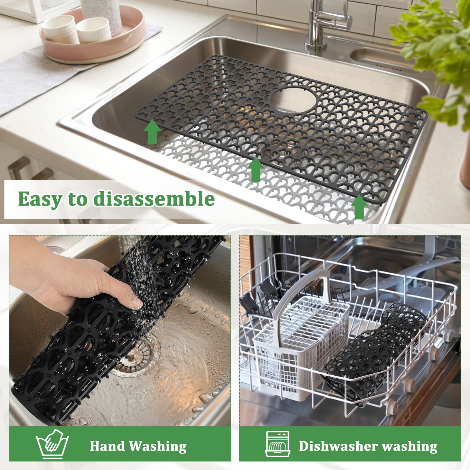 Tzgsonp Silicone Sink Protectors for Kitchen, Anti-Slip Sink Mat Folding Sink Drain Mat Dish Drying Pad, Black, 25.98*13.78inch