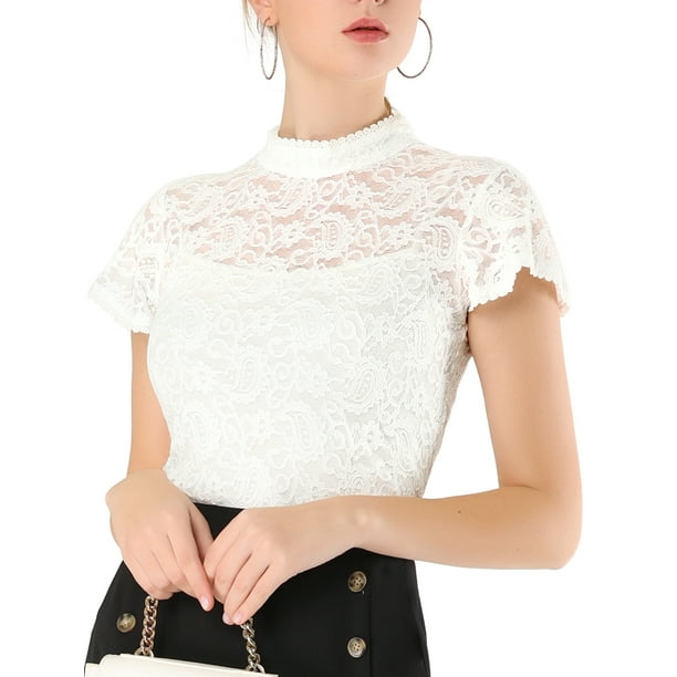 Unique Bargains Dentelle Trou de Serrure Dos Debout Col Blouse Semi Transparente Walmart