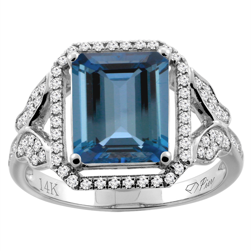 14K White Gold Natural London Blue Topaz Ring Octagon Shape 10x8 mm Diamond Accents, size 5 by Gabriella Gold