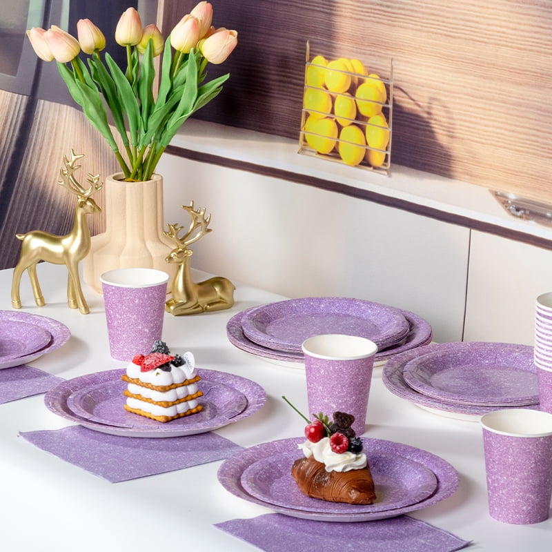 120 Pcs Purple Plates and Napkins Party Supplies, Disposable Paper Tableware Decorations Birthday Table Dinnerware Favors Set