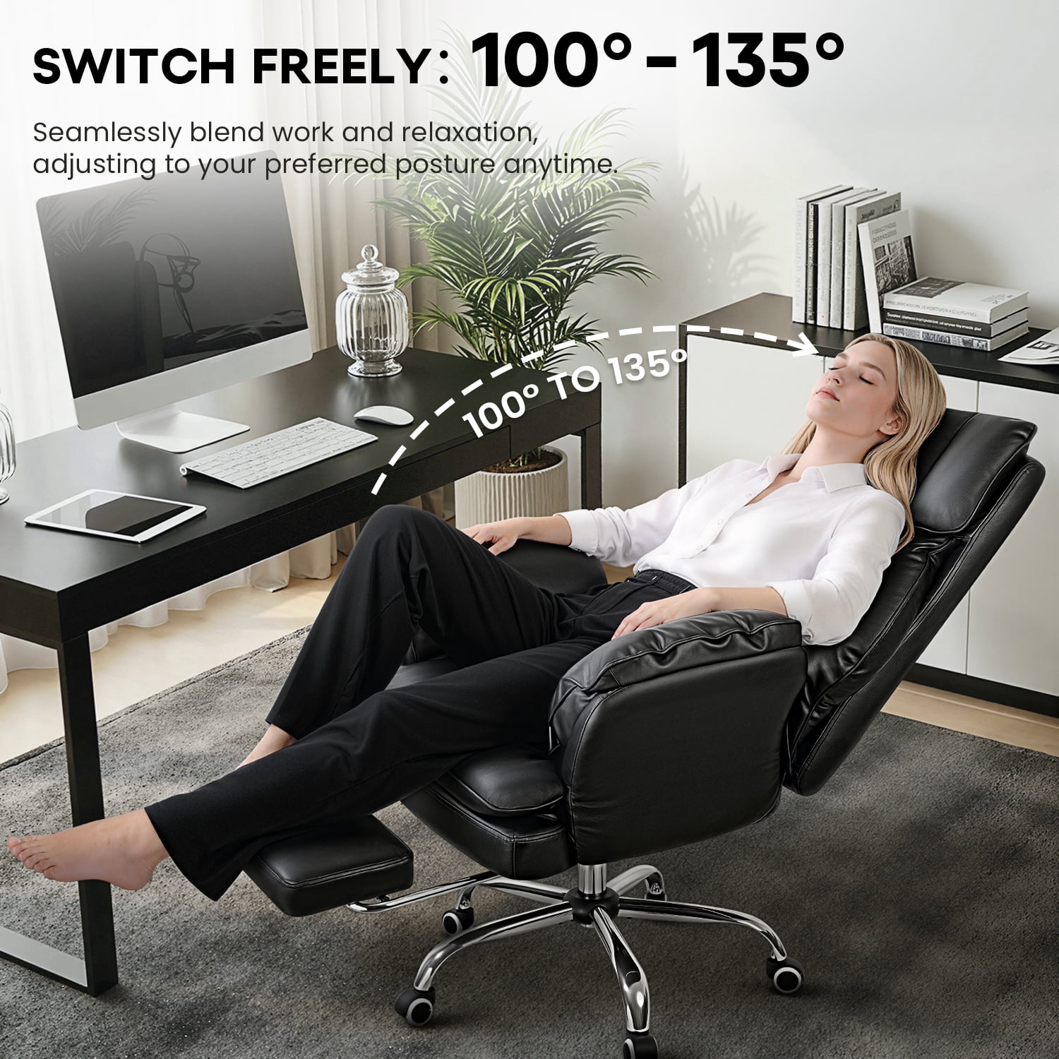 Waleaf 400lbs Executive Office Chair with Footrest, Ergonomic Leather Desk Chair with 180° Flip Armrests for Cross-Legged Sitting & 135° Reclining Back