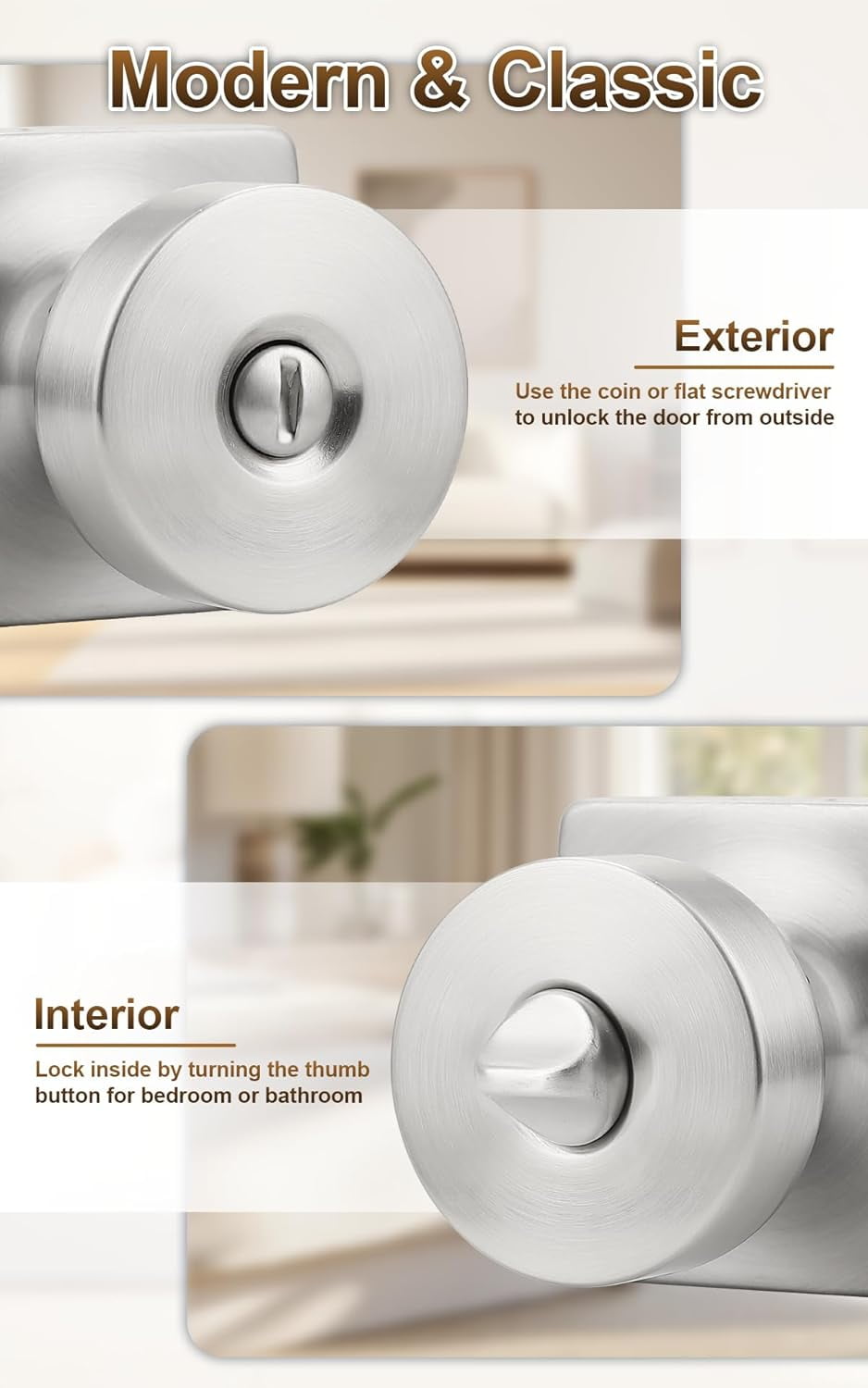Bedroom Door Knobs Interior, Privacy Keyless Door Handles for Bedroom or Bathroom, 1 Pack Square Panel Door Knob in Satin Nickel Finish