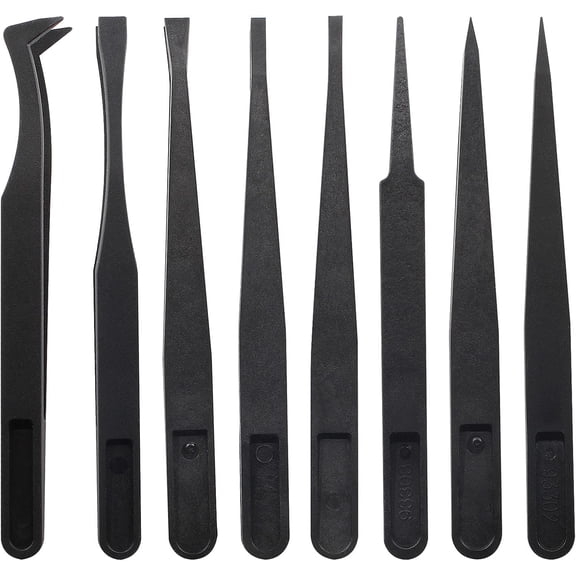 CozyNestFinds 8Pcs Precision Plastic Tweezers, 4.5-4.8 Inch Anti-Static Tweezers Set with Curved and Straight Tips for Electronics Assembly, Watch Repair, Crafts Making (114-123mm, Black)