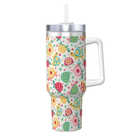 

Zeuib Turtle Flower Printed Insulated Stainless Steel Hot/Cold Coffee Cup 40oz Ice Bully With Handle Tumbler with Straw and Handle Insulated Water Bottle Travel Mug Cup