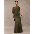 thumbnail image 4 of Green One-Shoulder Ruched Maxi Dress Formal Evening Gown, 4 of 30