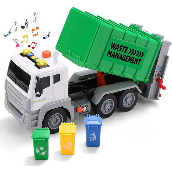 Amdohai 12.5" Garbage Truck Toy with Lights and Sounds, Friction-Powered Waste Rubbish Lorry Truck Recycling Truck Toy Vehicle Set with 3 Bins, Back Bump Function, Educational Gifts for Kids(1:12)