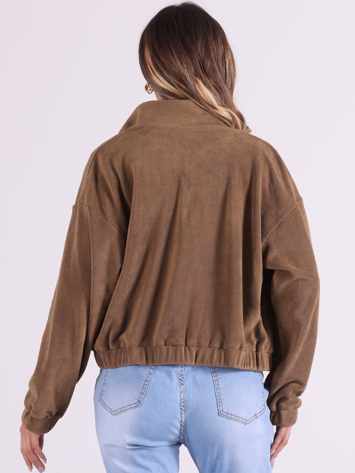 DARING DIVA Fuzzy Short Jacket Stand Collar Casual Crop Coat M Brown