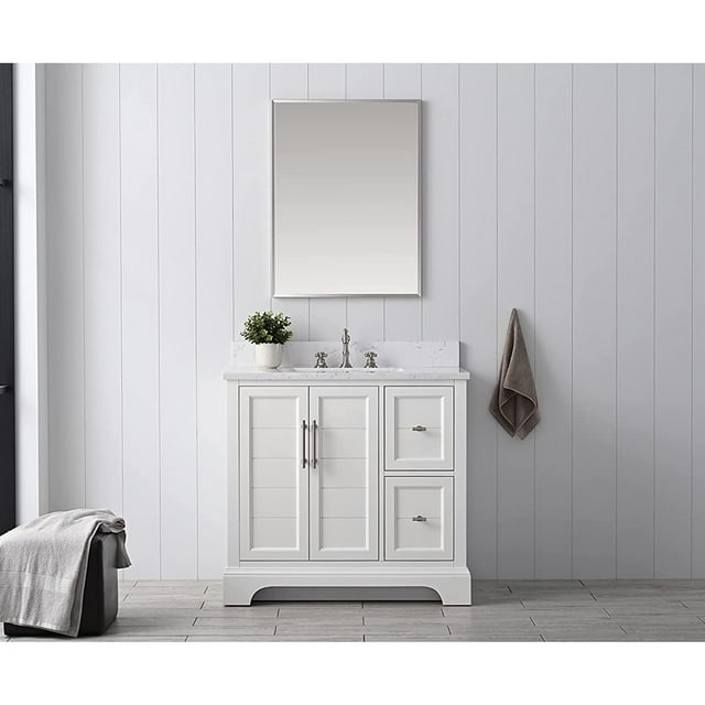 Vanity Art 36 Inch Single Sink Bathroom Vanity with Ceramic Sink and Engineered Marble Top, Without Mirror