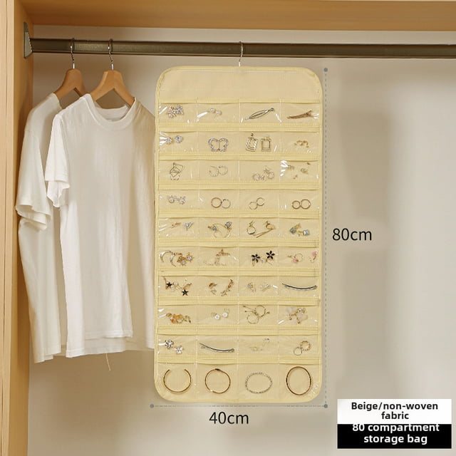 Beige 80-Grid Hanging Jewelry Organizer Bag - Non-Woven Fabric Dustproof Storage Solution for Necklaces, Earrings & Accessories - Wall/Clothes Rack Mountable, Modern Minimalist Design for