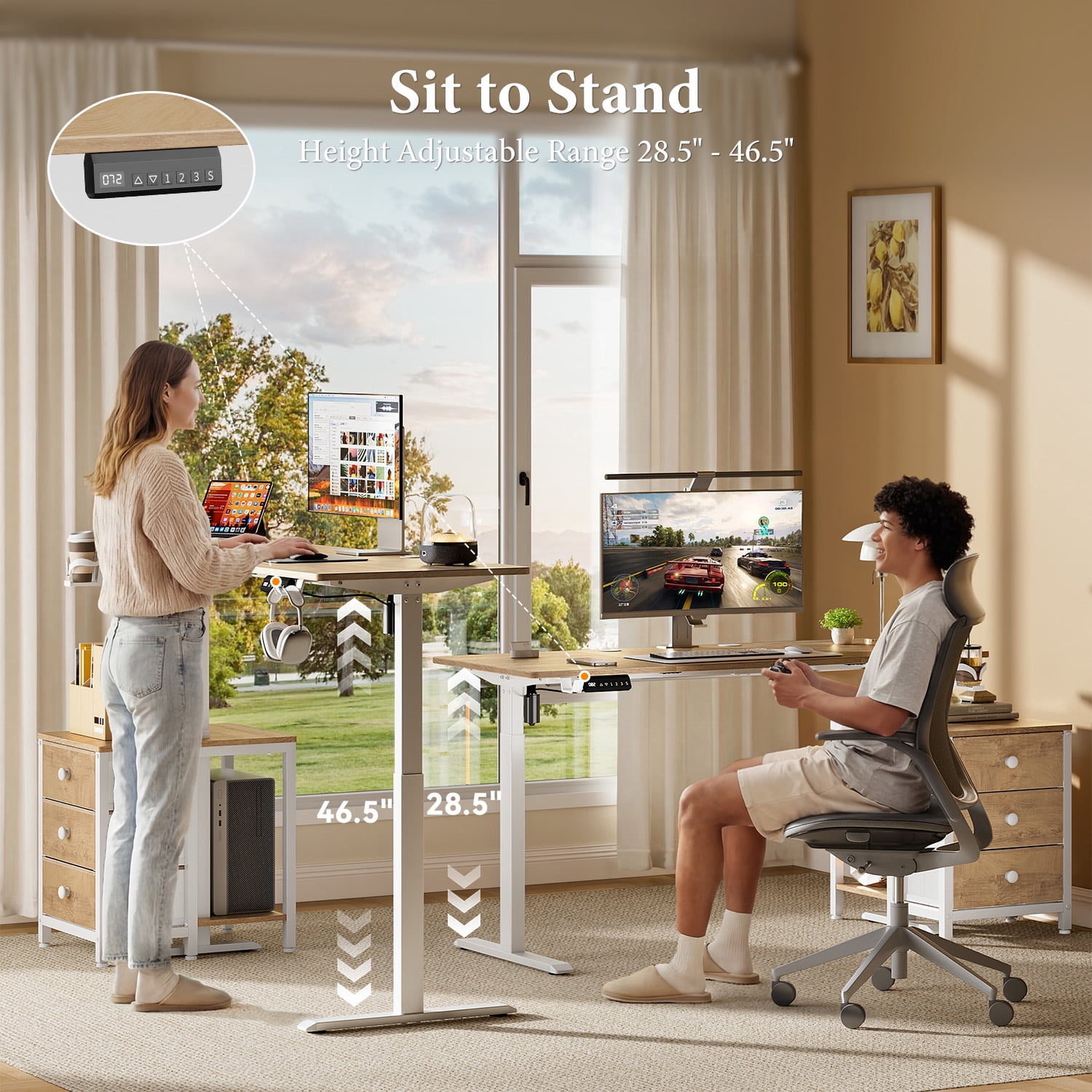 GUNAITO 55.1" Electric Standing Desk with 3-Drawer Cabinet, Adjustable Height Desk with Memory Panel, Office & Gaming Desk，Nutural
