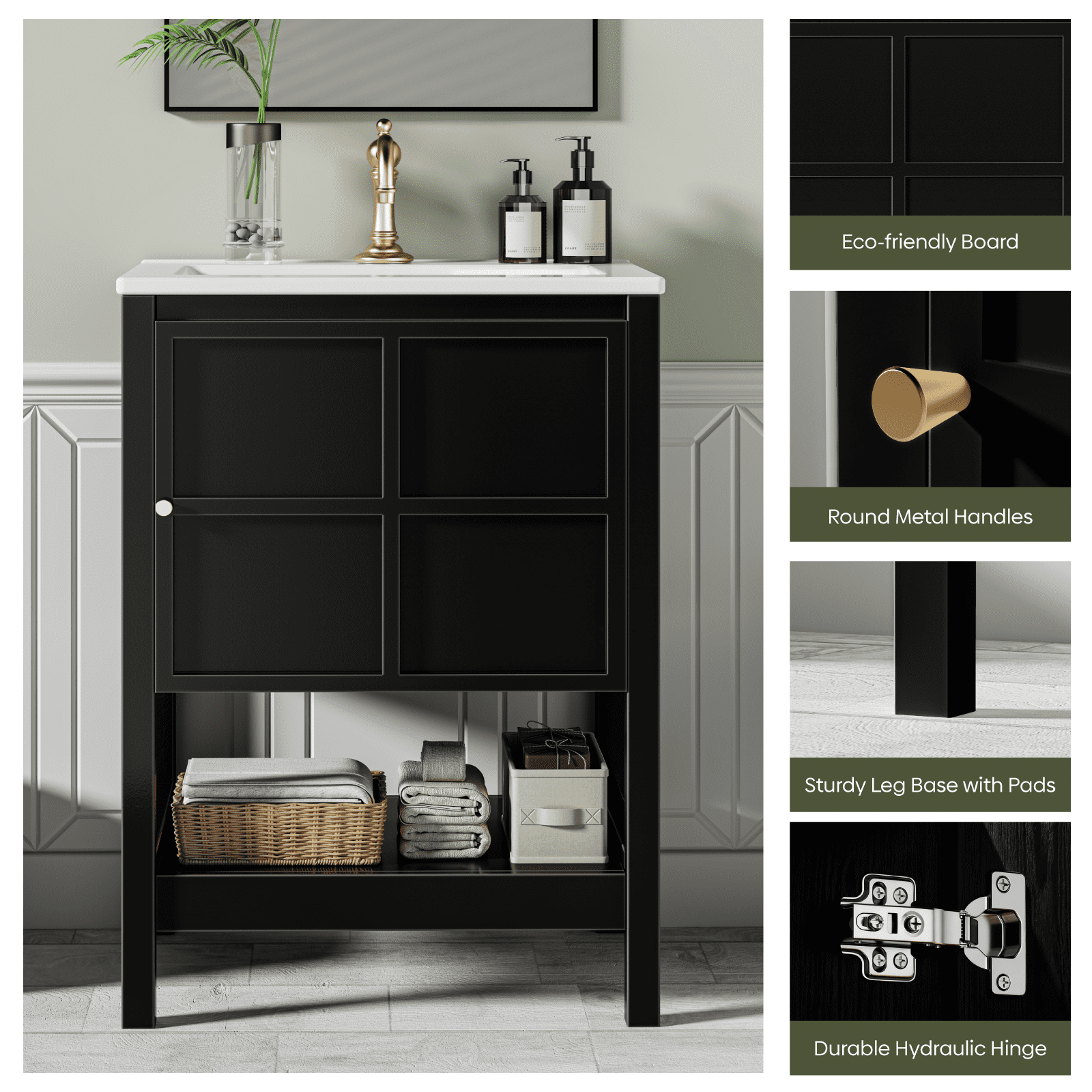 EVOKEDEN 24" Bathroom Vanity with Sink, Small Farmhouse Freestanding Bathroom Cabinet Combo Set, Soft Closing Door and Open Storage Shelf, Black