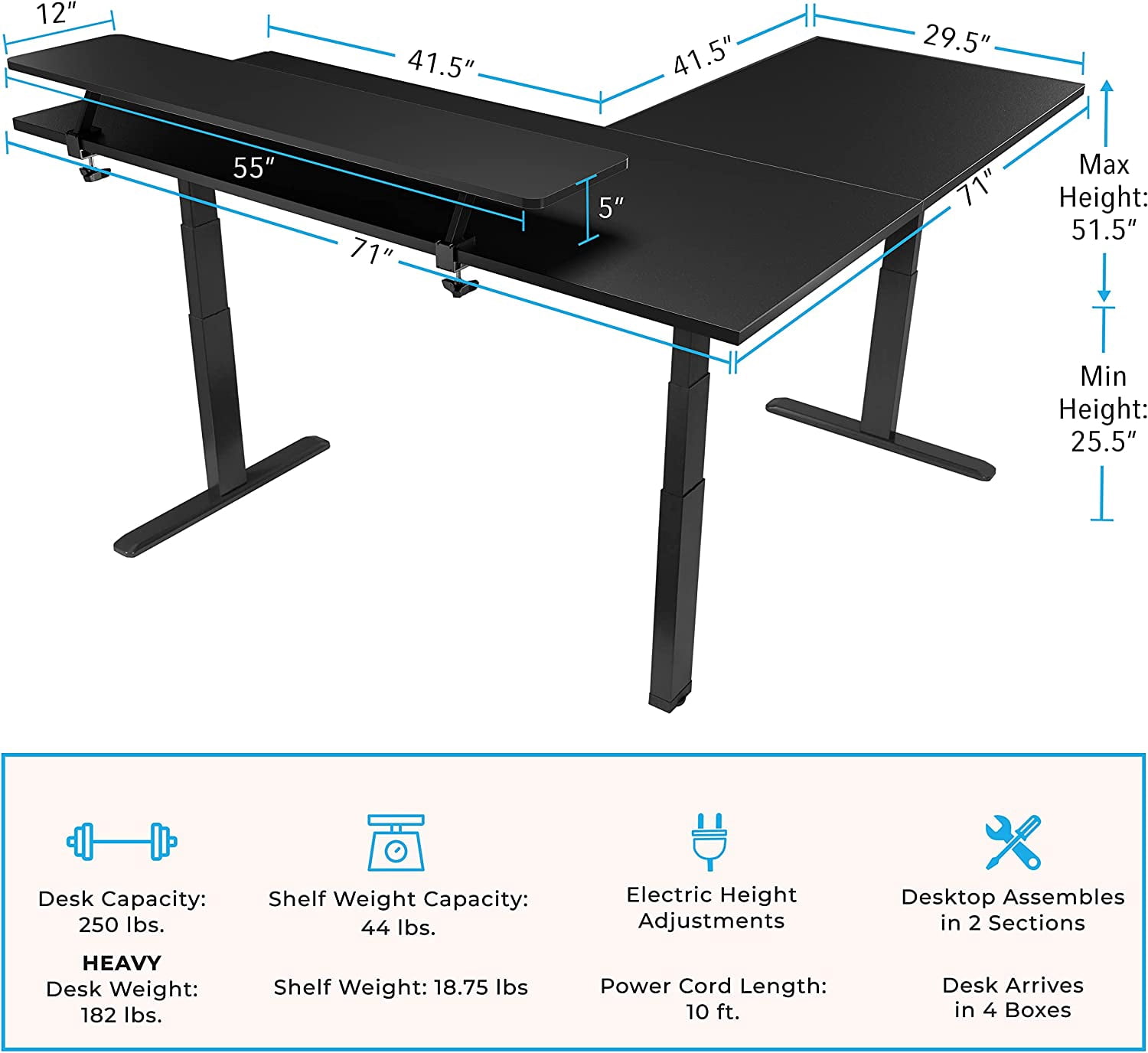 Stand Steady Tranzendesk Power | Extra Large 71 Inch Electric L-Shaped Standing Desk | Giant Corner Stand Up Desk & Sit Stand Workstation| Ergonomic Computer Desk Fits 4 Monitors (Black / 71")