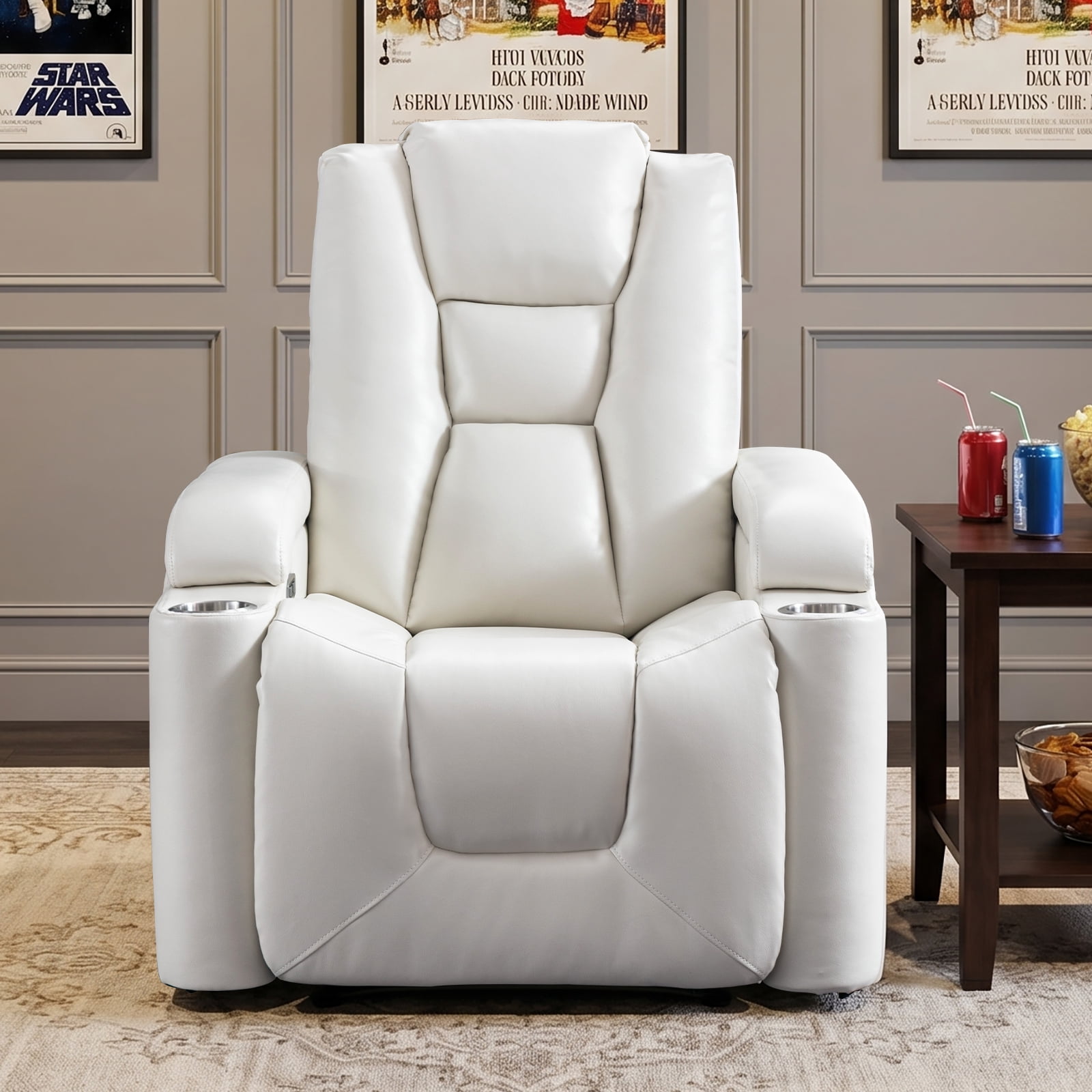 Bonzy Home Electric Power Recliner Chair, PU Leather Home Theater Seating Reclining Chairs with Cup Holders, USB Port, Adjustable Backrest & Hidden Arm Storage, White