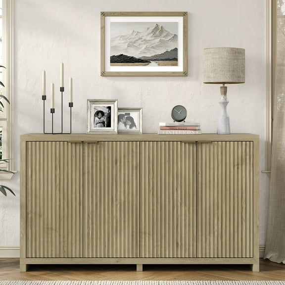 Fluted Buffet Cabinet, 55in Sideboard with Adjustable Shelves and 4 Doors