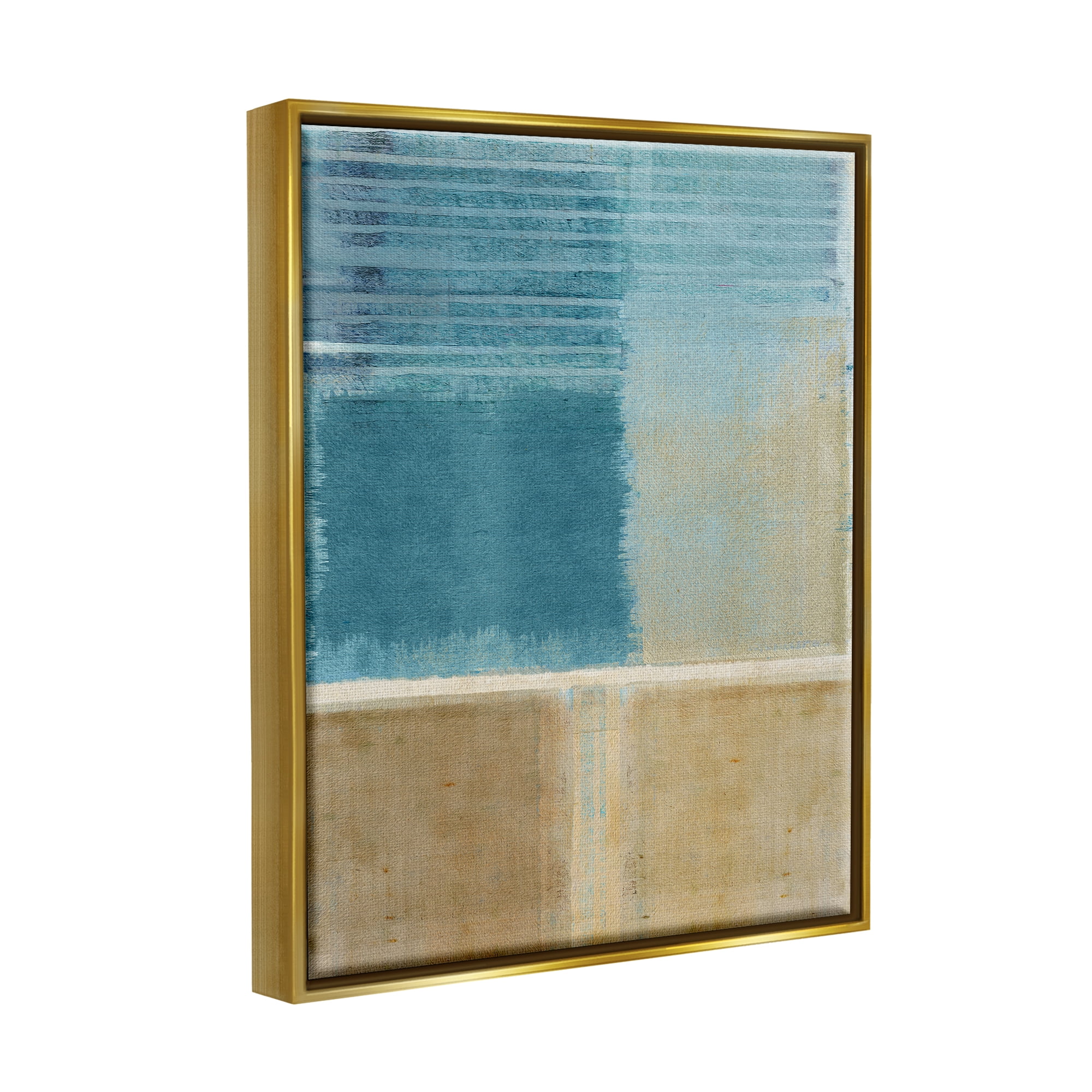 Stupell Industries Blue & Tan Painting Abstract Painting Gold Floater Framed Canvas Art Print Wall Art, 25 x 31
