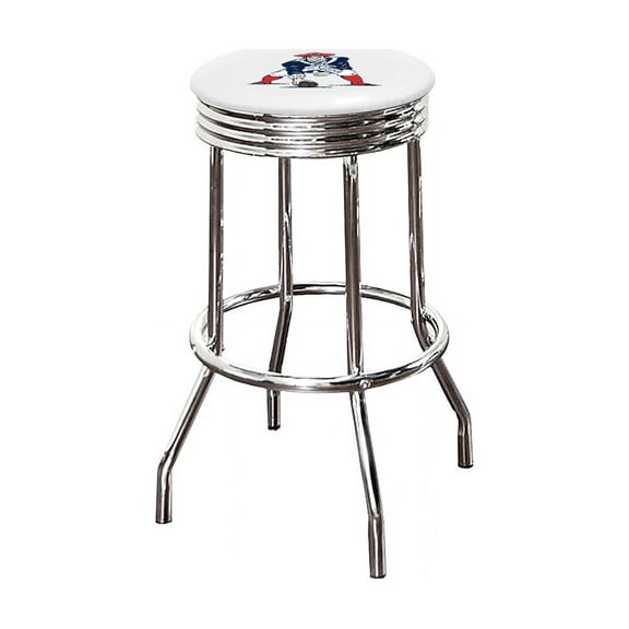 The Furniture King Bar Stool 24" Tall Backless Chrome Metal Stool Featuring Your Favorite Football Team Logo on a Colored Vinyl Swivel Seat Cushion Patriots Guard on White