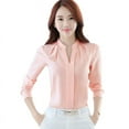 thumbnail image 1 of Blusa de gasa de manga larga con cuello alto Nikou color puro corte informal Camisa de gasa para mujer color rosa S, 1 of 13