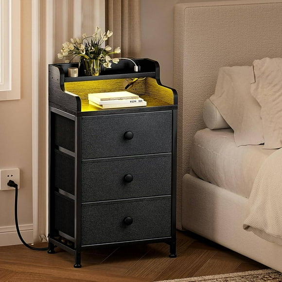 GUNAITO 3 Drawers Nightstand with Charging Station, Bedside Table with LED Light, Modern End Side Table for Bedroom Living Room,Black