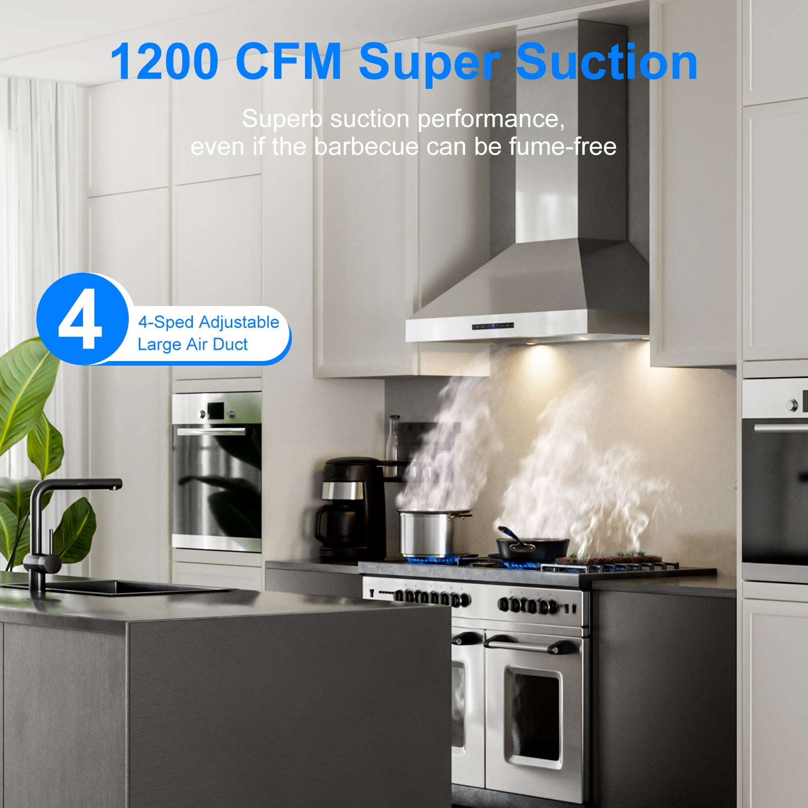 48 inch 1200 CFM Ducted Wall Mount Range Hood in in Stainless Steel, with Remote Control and LED Light