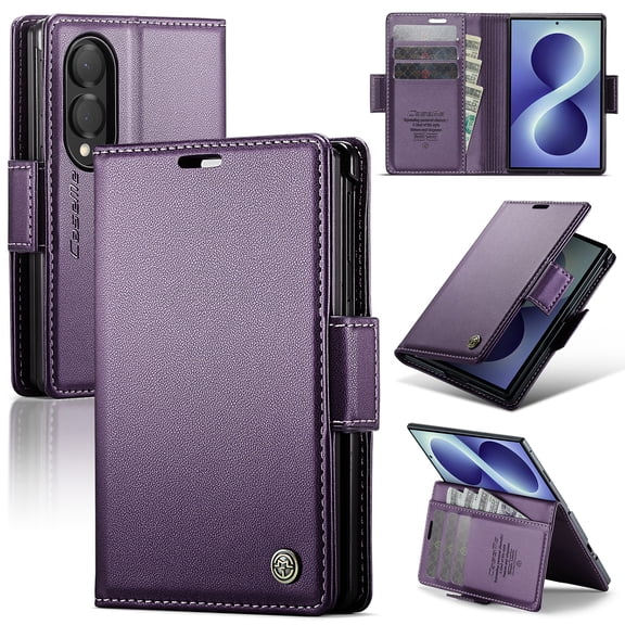 Becova Wallet Case for Samsung Galaxy Z Fold 8, Support Wireless Charging Slim PU Leather Phone Case with Card Holder Non-Slip Anti-Fingerprint Shockproof Protective Bumper, Purple