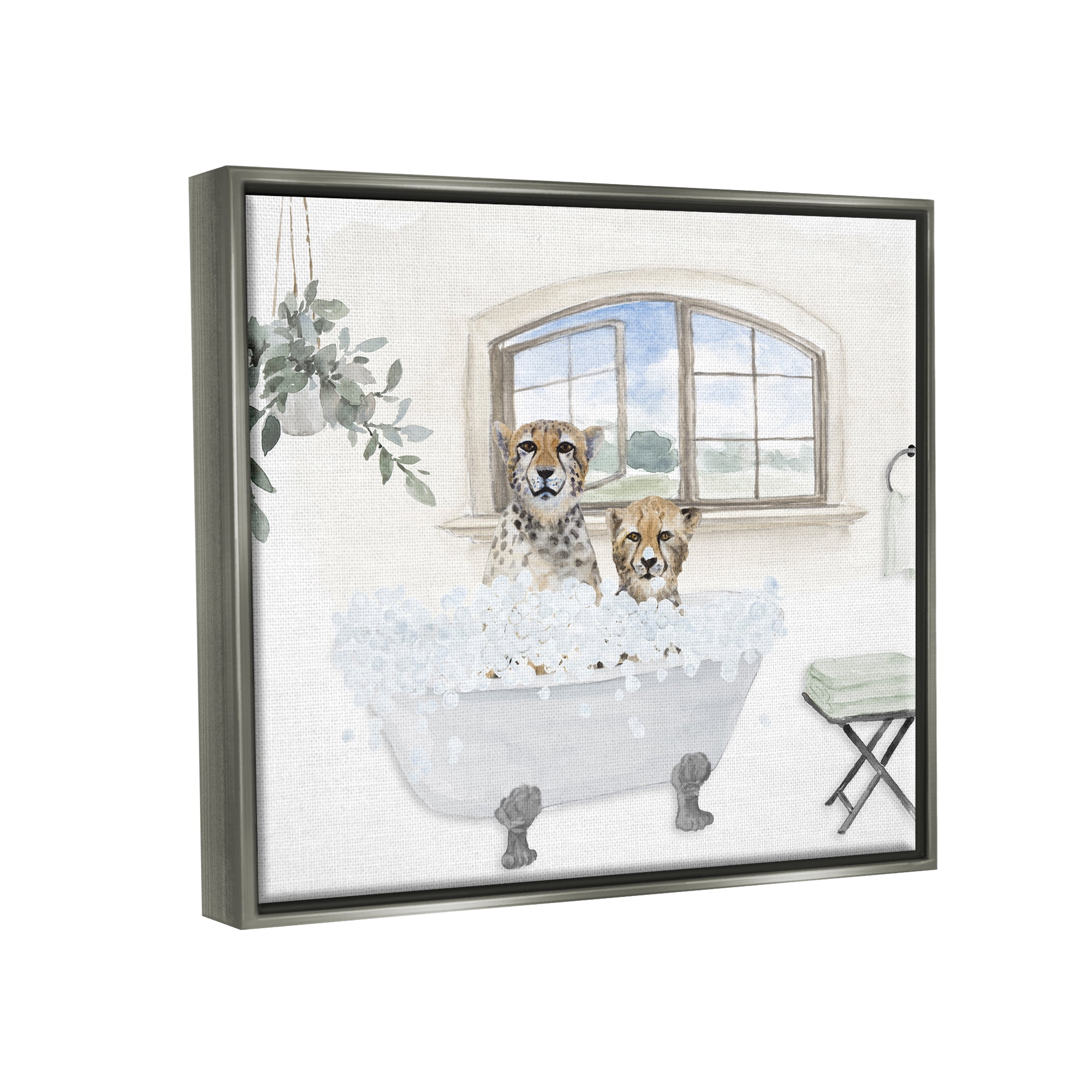 Stupell Cheetah Duo Bathtub Bathroom Scene Animals & Insects Painting Gray Floater Framed Art Print Wall Art