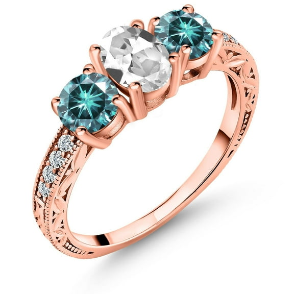 Gem Stone King 18K Rose Gold Plated Silver 3-Stone Ring Oval White Created Sapphire and Vivid Blue Moissanite (2.12 Cttw, Size 7)